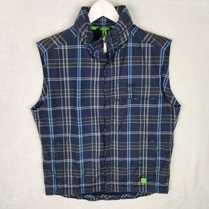 Hugo Boss Gilet Vest Men M Blue Plaid Full Zip Windbreaker Hideaway Hood